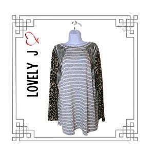 ANIMAL PRINT STRIPEd LONG SLEEVE BLOUSE TOP